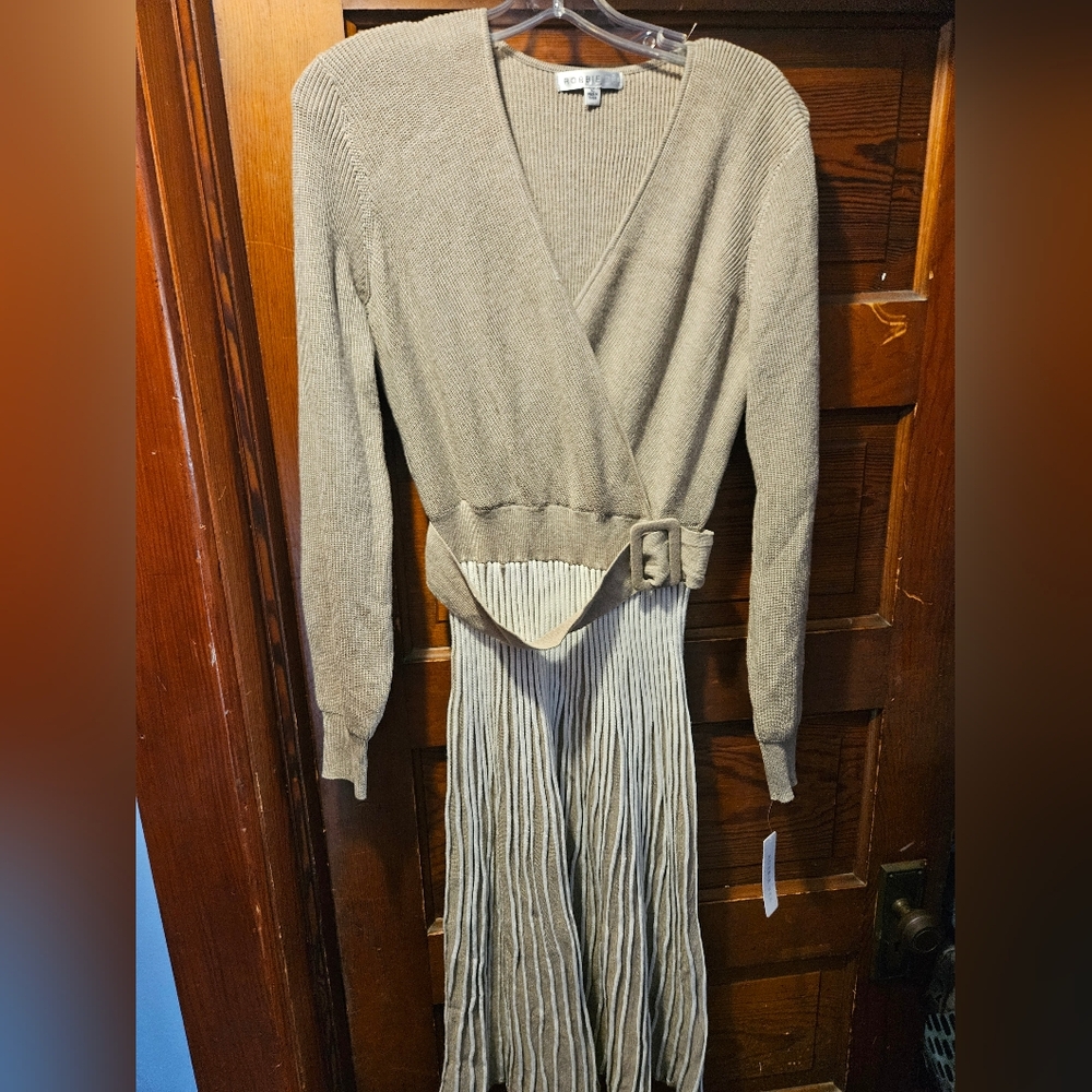 Robbie Bee Tan Pleated V-Neck Belted Sweater Dress